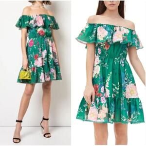 Marchesa Notte Emerald Roses Off Shoulder Mini Dress Womens 4